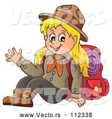 Vector of Cartoon Blond White Girl Scout Sitting and Waving with Camping Gear by Visekart