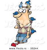 Vector of Cartoon Bluebirds on a Man Trying to Hoe His Garden Soil by Toonaday