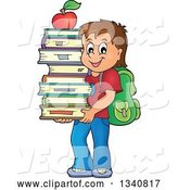 Vector of Cartoon Brunette White School Boy Carrying a Stack of Books with an Apple on Top by Visekart