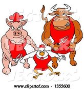 Vector of Cartoon Buff Bbq Chef Bull, Chicken and Pig Flexing Their Muscles by LaffToon