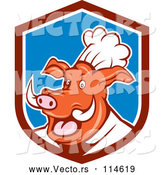 Vector of Cartoon Carton Happy Pig Chef in a Maroon Blue and White Shield by Patrimonio
