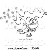 Vector of Cartoon Clipart Black and White Girl Wearing a Face Mask and Running from Germs by Toonaday