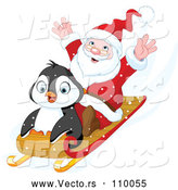Vector of Cartoon Cute Penguin and Santa Going Downhill on a Sled by Pushkin