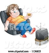 Vector of Cartoon Fat Guy Holding a Tiny Hamburger in Front of a Tv by