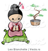 Vector of Cartoon Geisha Girl Kneeled on a Pillow with Bonsai Tree in Background by Leo Blanchette