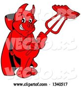 Vector of Cartoon Grinning Red Pig Devil Holding Bbq Ribs on a Trident by LaffToon