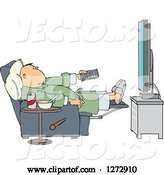 Vector of Cartoon Guy in Chair with Food at His Side and Pointing a Remote at a Flat Screen TV by Djart