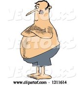 Vector of Cartoon Hairy Chubby White Guy with Folded Arms, Standing in Blue Swim Trunks by Djart
