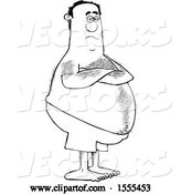 Vector of Cartoon Hairy Lineart Chubby Black Guy with Folded Arms, Standing in Swim Trunks by Djart
