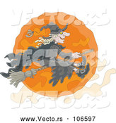 Vector of Cartoon Halloween Witch Flying on a Broomstick over an Orange Full Moon by Alex Bannykh