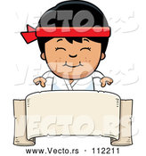 Vector of Cartoon Happy Asian Karate Boy Smiling over a Blank Banner Sign by Cory Thoman