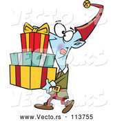 Vector of Cartoon Happy Christmas Elf Carrying a Stack of Presents by Toonaday
