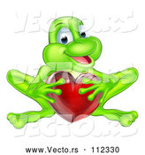 Vector of Cartoon Happy Green Frog Crouching and Holding a Glassy Red Heart by AtStockIllustration