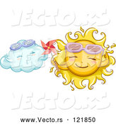 Vector of Cartoon Happy Sun Holding a Pinmill by a Cloud by BNP Design Studio
