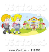Vector of Cartoon Happy White School KChildren Walking to a Building by Alex Bannykh