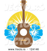 Vector of Cartoon Hawaiian Ukulele with Blue Hibiscus Flowers and Sunshine by Maria Bell