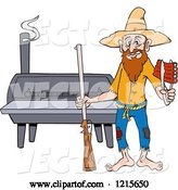 Vector of Cartoon Hillbilly Guy with a Rifle, Holding Ribs by a Bbq Smoker by LaffToon