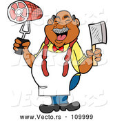 Vector of Cartoon Jolly Chubby Black Male Butcher Holding a Cleaver Knife and Ham, Wearing Sausage Around His Neck by LaffToon