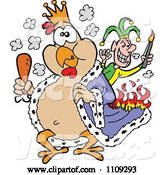 Vector of Cartoon King Chicken Carrying a Drumstick and Being Set on Fire by a Joker by LaffToon