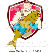 Vector of Cartoon Male Fishmonger Holding a Catch and Emerging from a Maroon White and Pink Shield by Patrimonio