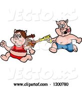 Vector of Cartoon Male Pig Chasing a Female with a Bbq Sauce Squirt Gun by LaffToon