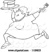 Vector of Cartoon Outlined Happy Fat Lady Running with Cake by Djart