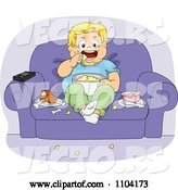 Vector of Cartoon Overweight Boy Eating Jump Food and Watching Tv in a Chair by BNP Design Studio