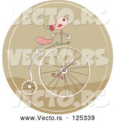 Vector of Cartoon Pink Bird on a Retro Penny Farthing Bicycle in a Brown Circle by Yayayoyo