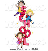 Vector of Cartoon Preschool Kids Happily Standing Beside the Word 'SCHOOL' by BNP Design Studio