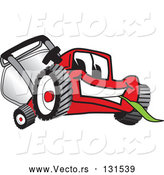 Vector of Cartoon Red Lawn Mower Mascot Character Smiling and Eating Grass by Mascot Junction