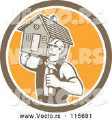 Vector of Cartoon Retro Male Home Bulider Carrying a House and Hammer in a Shield by Patrimonio
