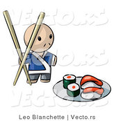 Vector of Cartoon Sushi Chef with Giant Chopsticks Beside Plate of Raw Food by Leo Blanchette