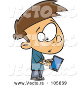 Vector of Cartoon White Boy Warily Tapping a Tablet Computer by Toonaday