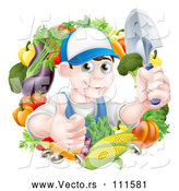 Vector of Cartoon Young Brunette White Male Gardener in Blue, Holding up a Shovel and Giving a Thumb up in a Wreath of Produce by AtStockIllustration