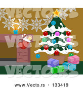 Vector of Christmas Decorations by a Fireplace in a Home, Christmas Tree and Stocking by AtStockIllustration
