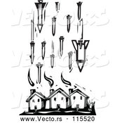 Vector of Civilian Houses Being Attacked by Missile Bombs in Black Lineart by Xunantunich
