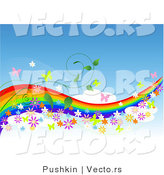 Vector of Colorful Rainbow in Blue Sky with Butterflies, Flowers and Vines - - Background Border Design Element with Copyspace by Pushkin