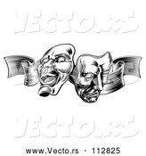 Vector of Comedy and Tragedy Theater Masks on a Ribbon - Black and White Engraved Style by AtStockIllustration