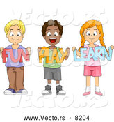 Vector of Diverse Cartoon School Children Holding "Fun Play Learn" Signs While Smiling by BNP Design Studio