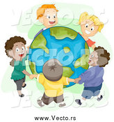 Vector of Diverse Happy Kids Holding Hands and Standing Around Earth by BNP Design Studio