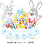 Vector of Easter Bunny Rabbits Cheering at a Table with Eggs and a Basket by Alex Bannykh