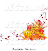 Vector of Fall Harvest with Wheat, Pumpkins, Vines and Autumn Leaves - Background Border Design by Pushkin