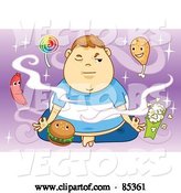 Vector of Fat Boy Meditating and Trying to Motivate Healthy Food Thoughts While Being Circled by Junk Food by Mayawizard101