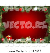 Vector of Fir Tree Christmas Frame with Presents and Baubles over Red by KJ Pargeter