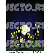 Vector of Full Moon and Dark Starry Sky over City Buildings by