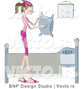 Vector of Girl Fluffing Pillows Beside a Bed by BNP Design Studio