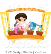 Vector of Girl Watering 4 Potted Flowers in a Window Planter by BNP Design Studio