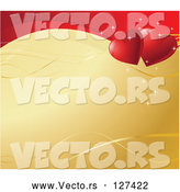 Vector of Golden Background with Ribbons, Sparkles and a Wave of Red with Two Hearts by Pushkin