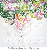Vector of Green, Pink and Orange Floral Vines Pattern over Off-White Background Design by OnFocusMedia