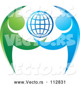 Vector of Grid Globe with Blue and Green Dancing or Protective People by Lal Perera
